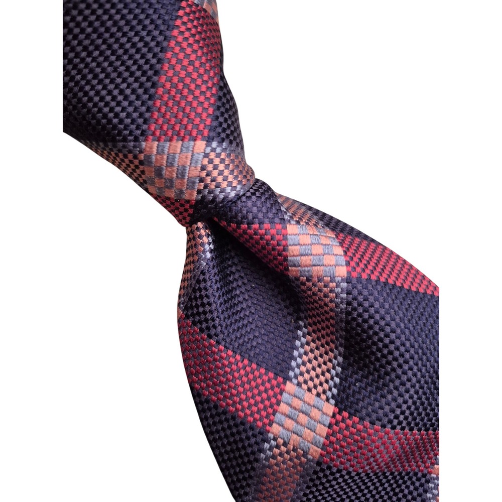 Faconnable Mens Silk Necktie Navy Blue Pink Peach Plaid Textured Woven Tie